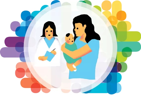 Editorial illustration of a mother holding her child and a health worker besides her with a medical chart in her hands.