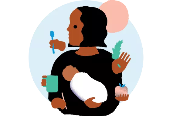 Illustration of caregiver, carrying the child, surrounded by tools she uses daily